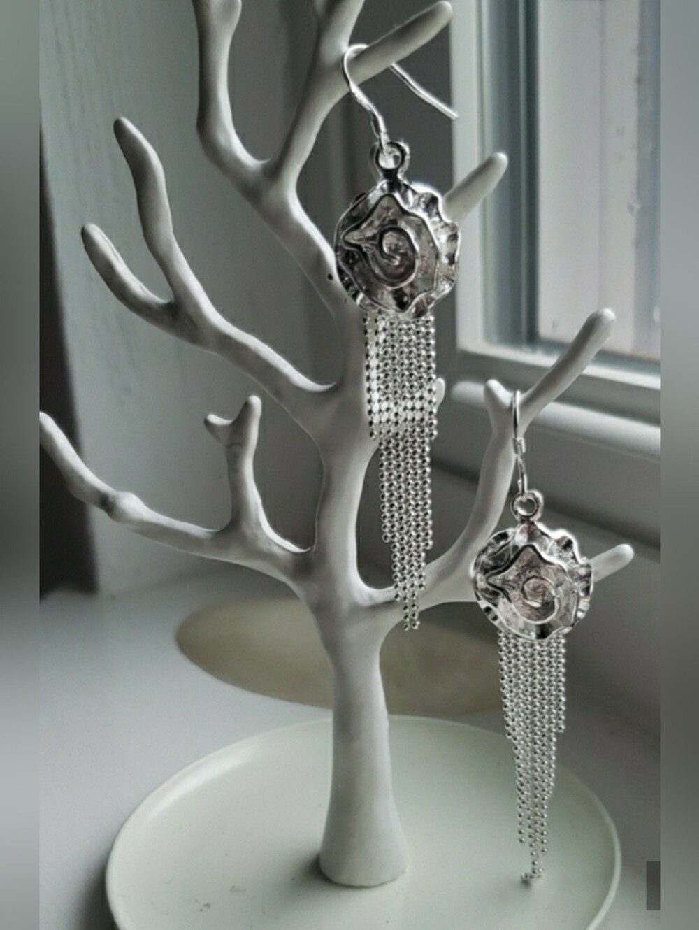 NEW Stamped 925 Sterling Rose Earrings W/ Beaded Chain Tassels. Very Elegant.